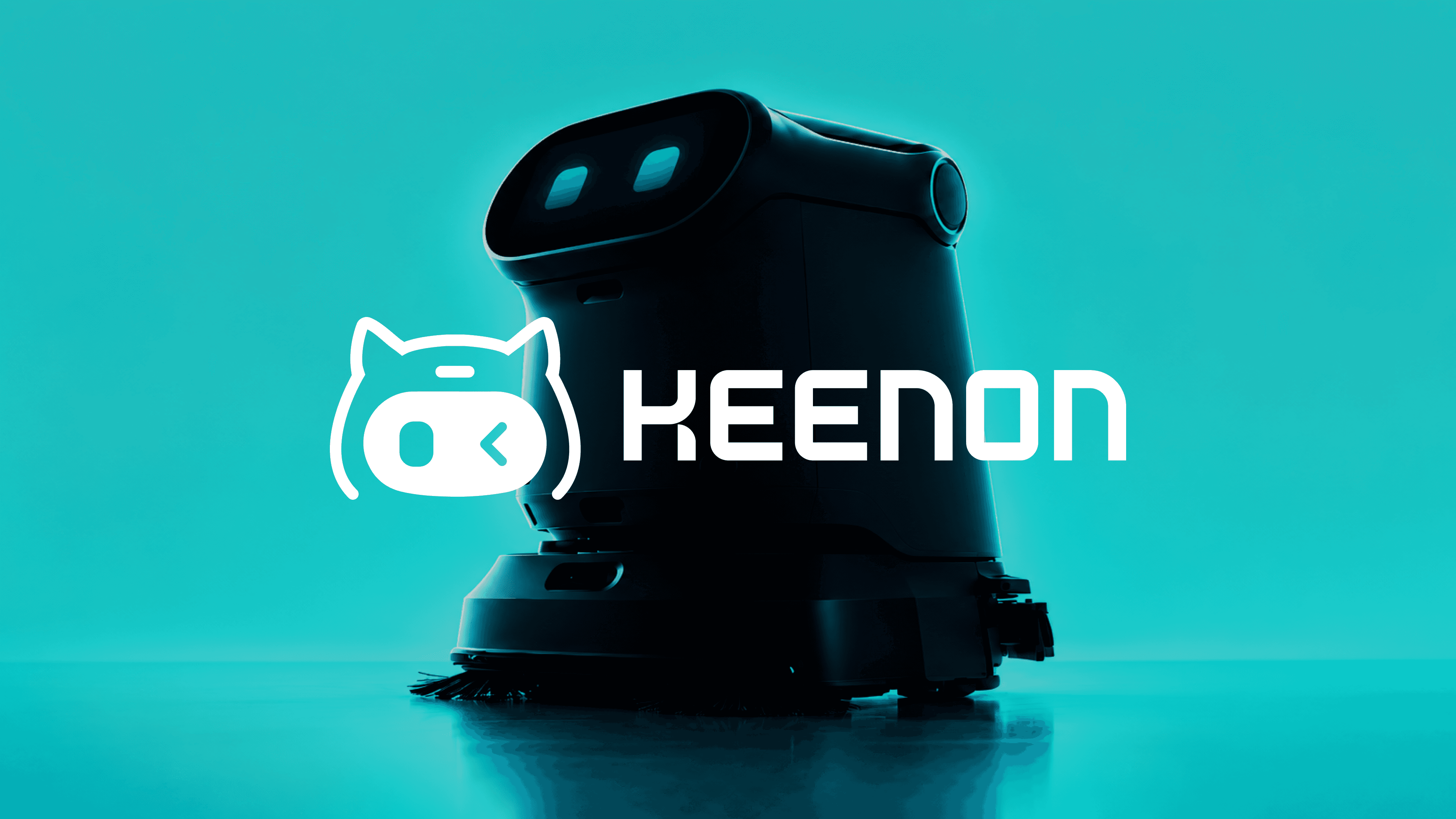 KEENON robot and white brand mark against a turquoise background