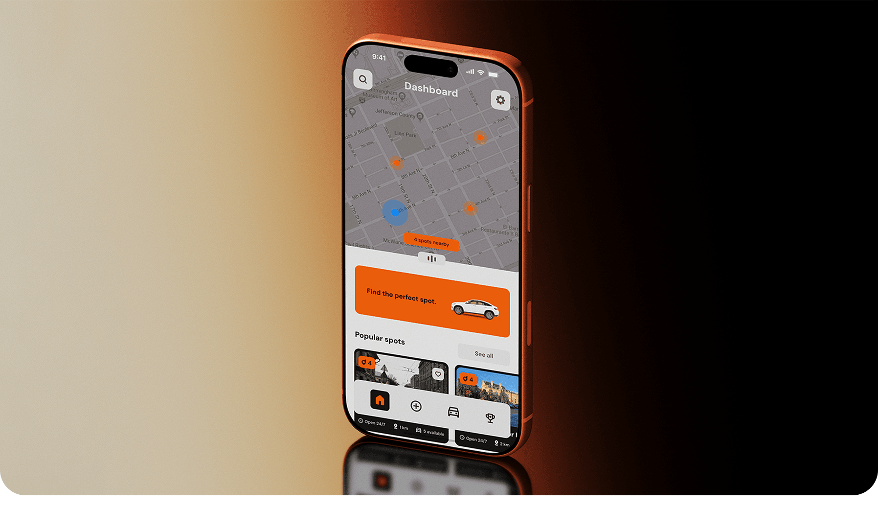 Vexo parking app displayed on a phone against a warm orange backdrop
